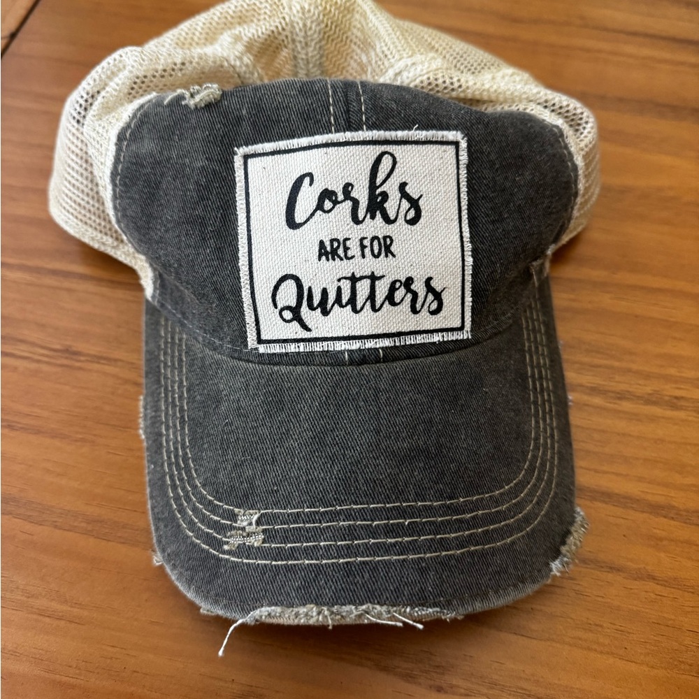 New with tags Gray and Cream Trucker Hat with Patch wine drinker